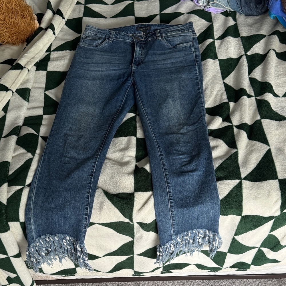 Forever 21 Blue Skinny Jeans with Fringe Hem